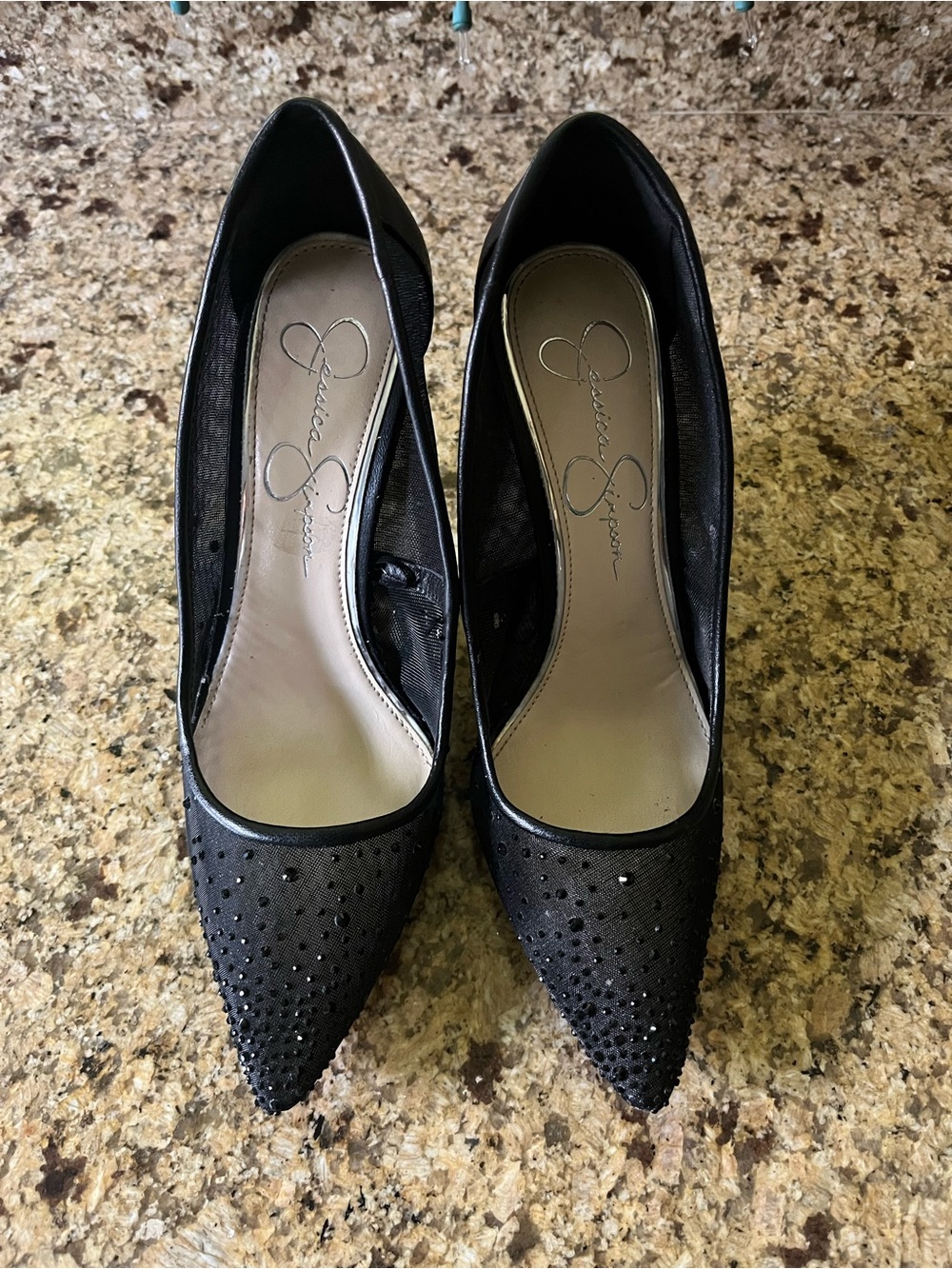 Jessica Simpson Black Pointed Toe Rhinestone-Embellished Pumps